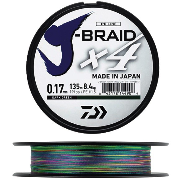 Daiwa Tresse 4 Brins J-Braid X4 500m PE 1,5 - Diamètre 0,17 Mm - Résistance 8,4 Kg - Multicolore Pour Pêche