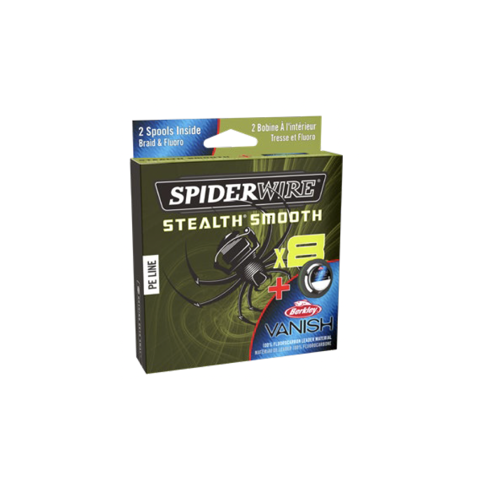 Pack Geflochtene Angelschnur und Fluoro Spiderwire Stealth Smooth x8 Duo Spule