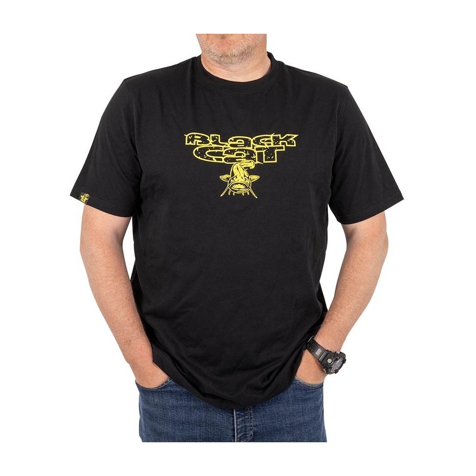 T-Shirt Black Cat Distressed Logo - Noir